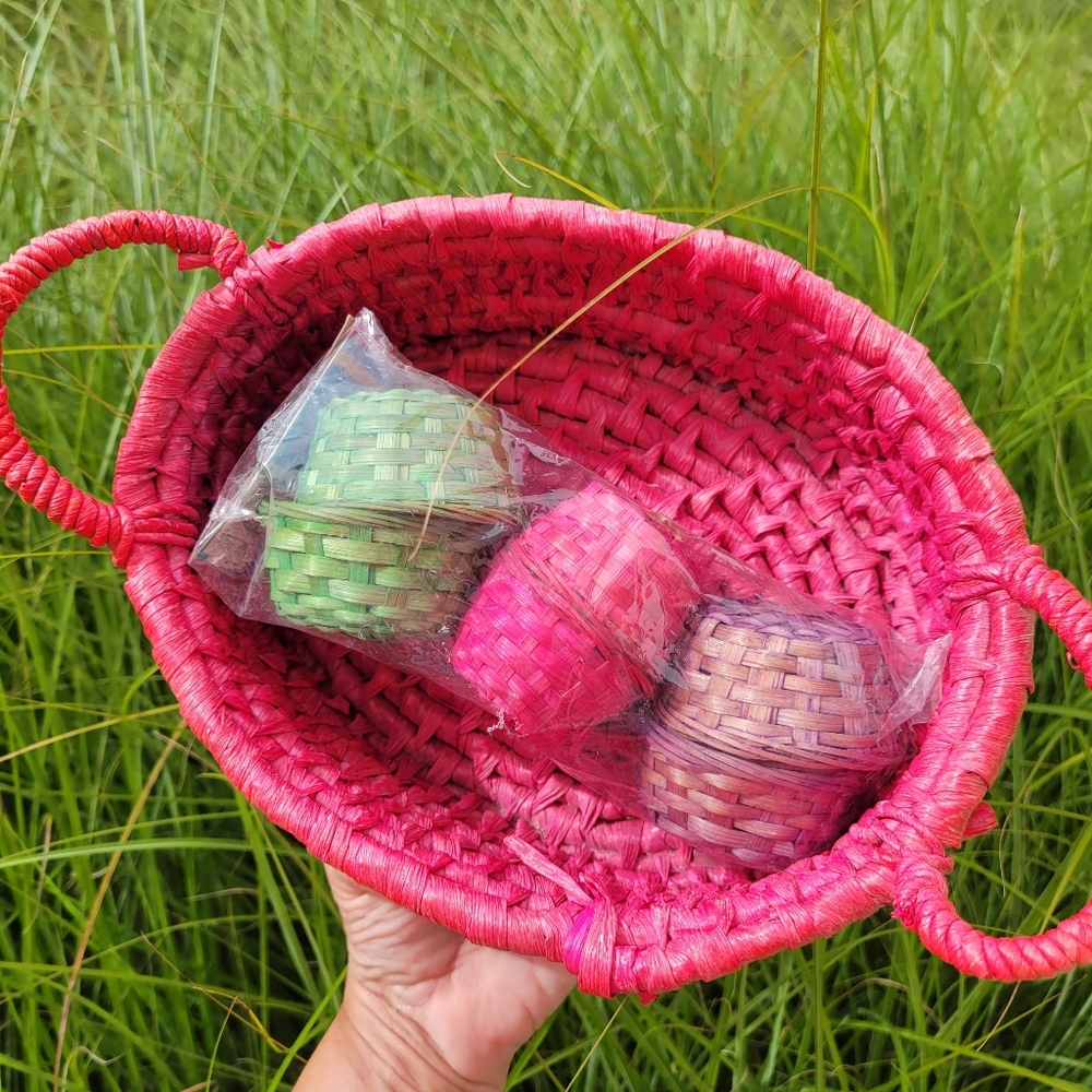 Dyed 2-Handled Basket & 6 NWT/NOS Mini Bamboo Baskets ~ Cute & Colorful!